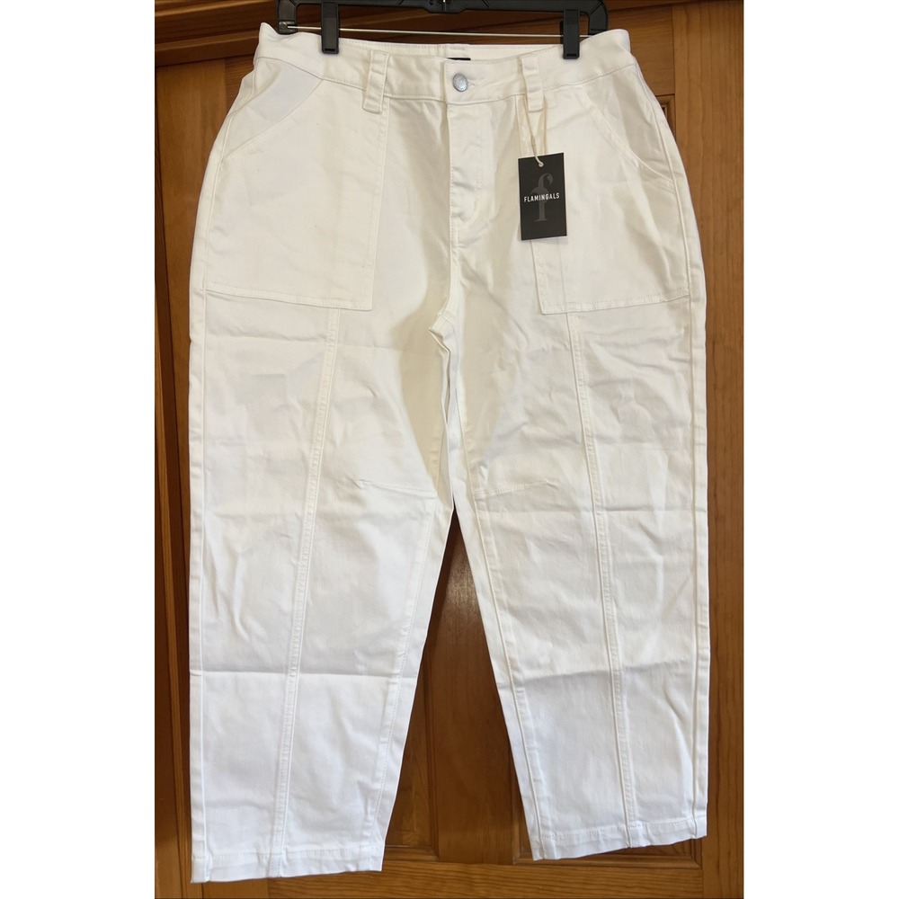 FLAMINGALS Women's Patch Pocket High Rise Straight Leg Crop Pants White XL